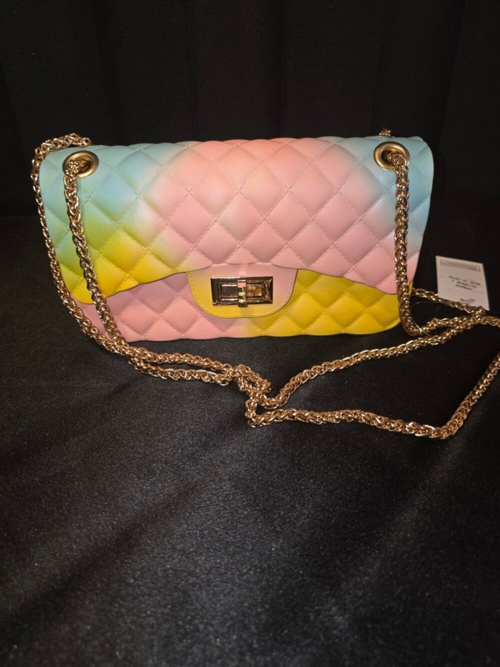 Multicolor Quilted Crossbody Bag With Gold Chain Strap & Turn-Lock Closure